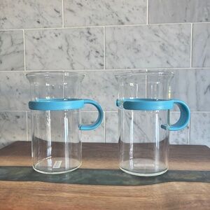 Vintage Pair of Mid Century BODUM Bistro Glass Mugs, Blue Handles, Danish Design
